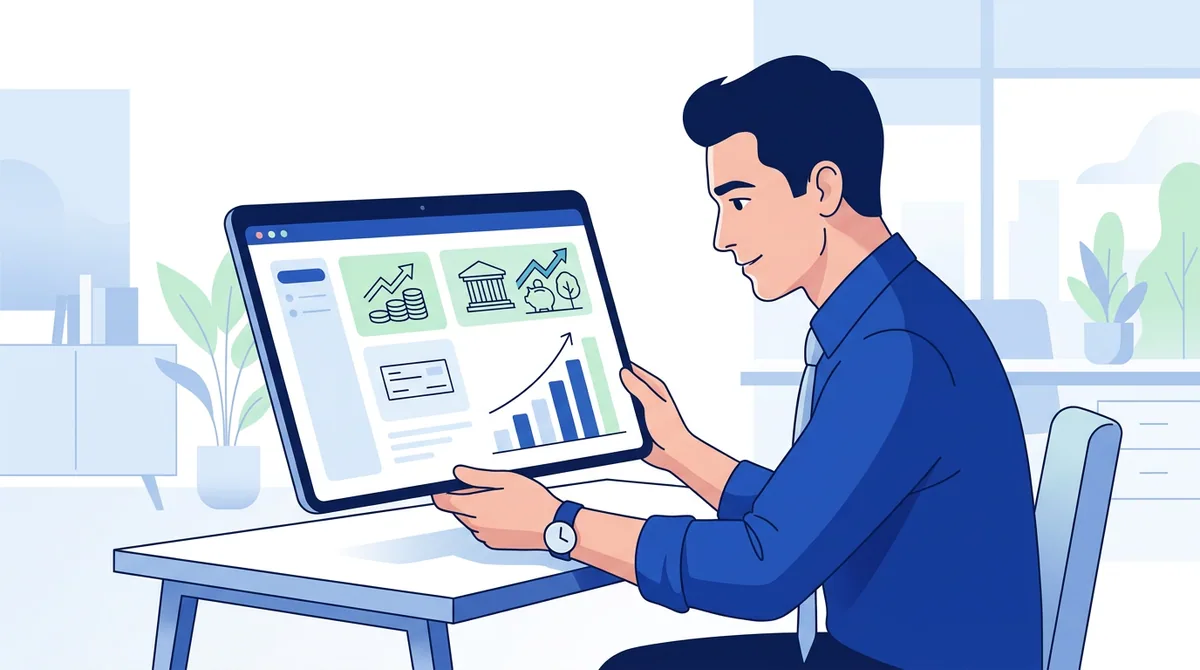 Un lavoratore italiano in un ufficio moderno che guarda un grafico finanziario su un tablet, con icone che rappresentano