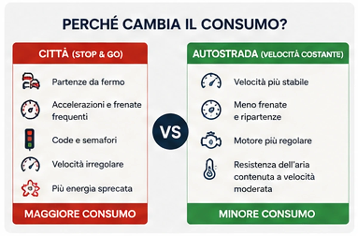 Auto nel traffico cittadino e in autostrada a confronto per il consumo di carburante