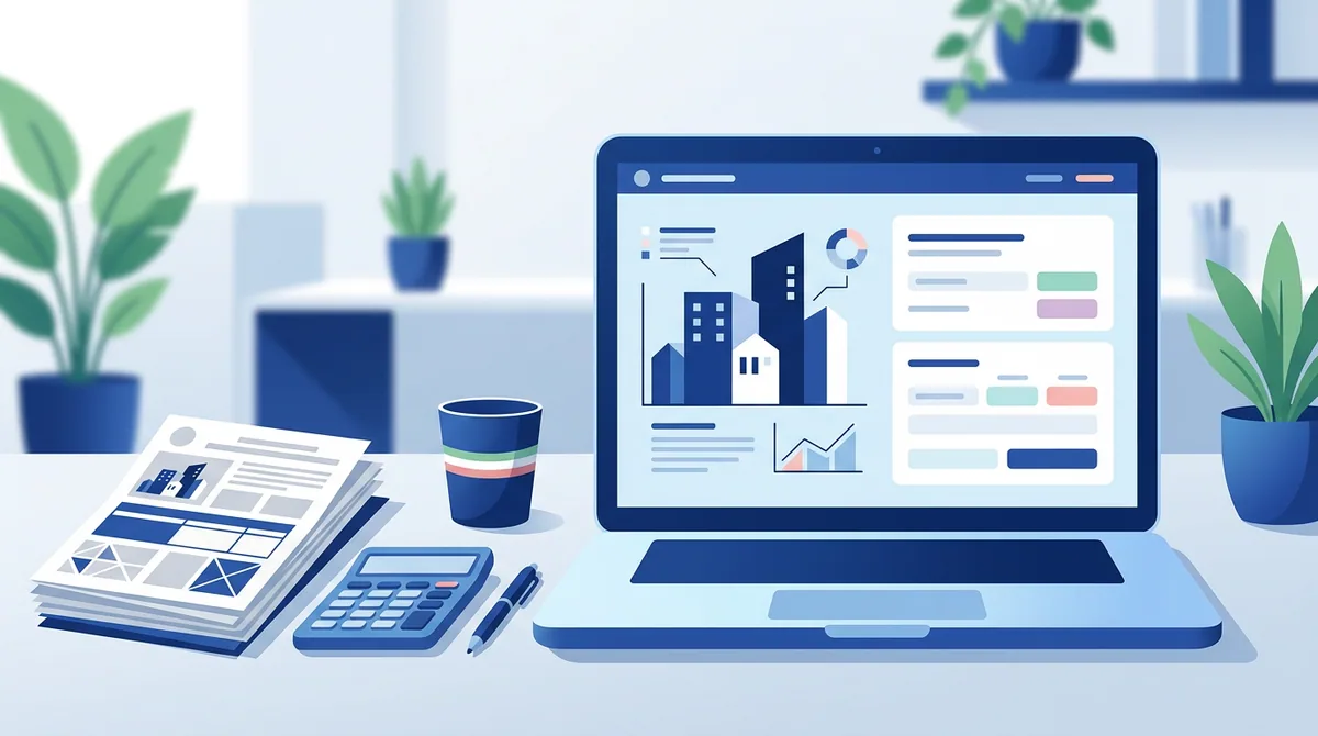 Guida illustrata per calcolare l-IMU online 2025: in primo piano una calcolatrice, una casa e documenti fiscali.