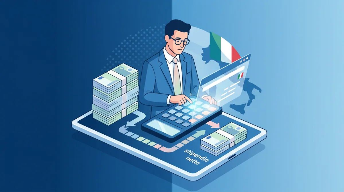 Busta paga italiana del 2026 aperta su una scrivania accanto a una calcolatrice, che illustra come calcolare lo stipendio netto.