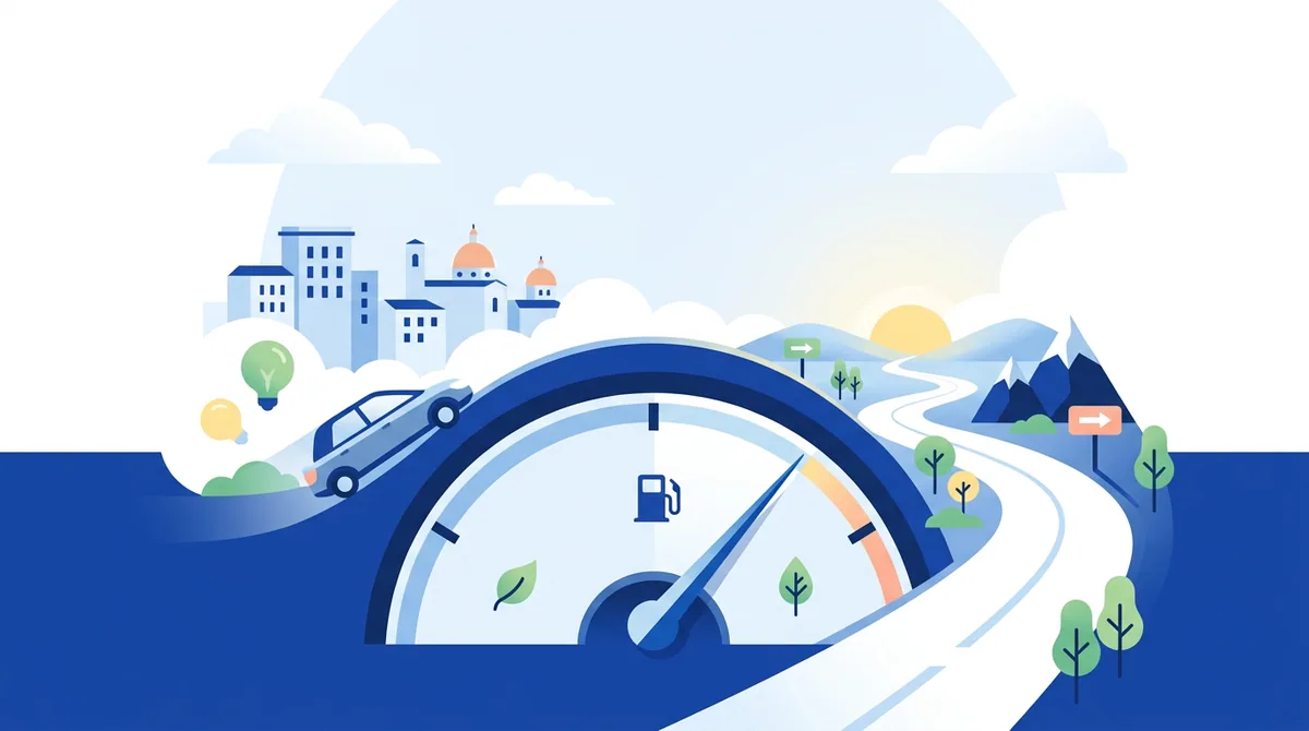 Rappresentazione di un'auto efficiente che mostra un consumo di 6 litri 100 km, con grafici di risparmio sul carburante e un'indicazione visiva di efficienza per il 2026.