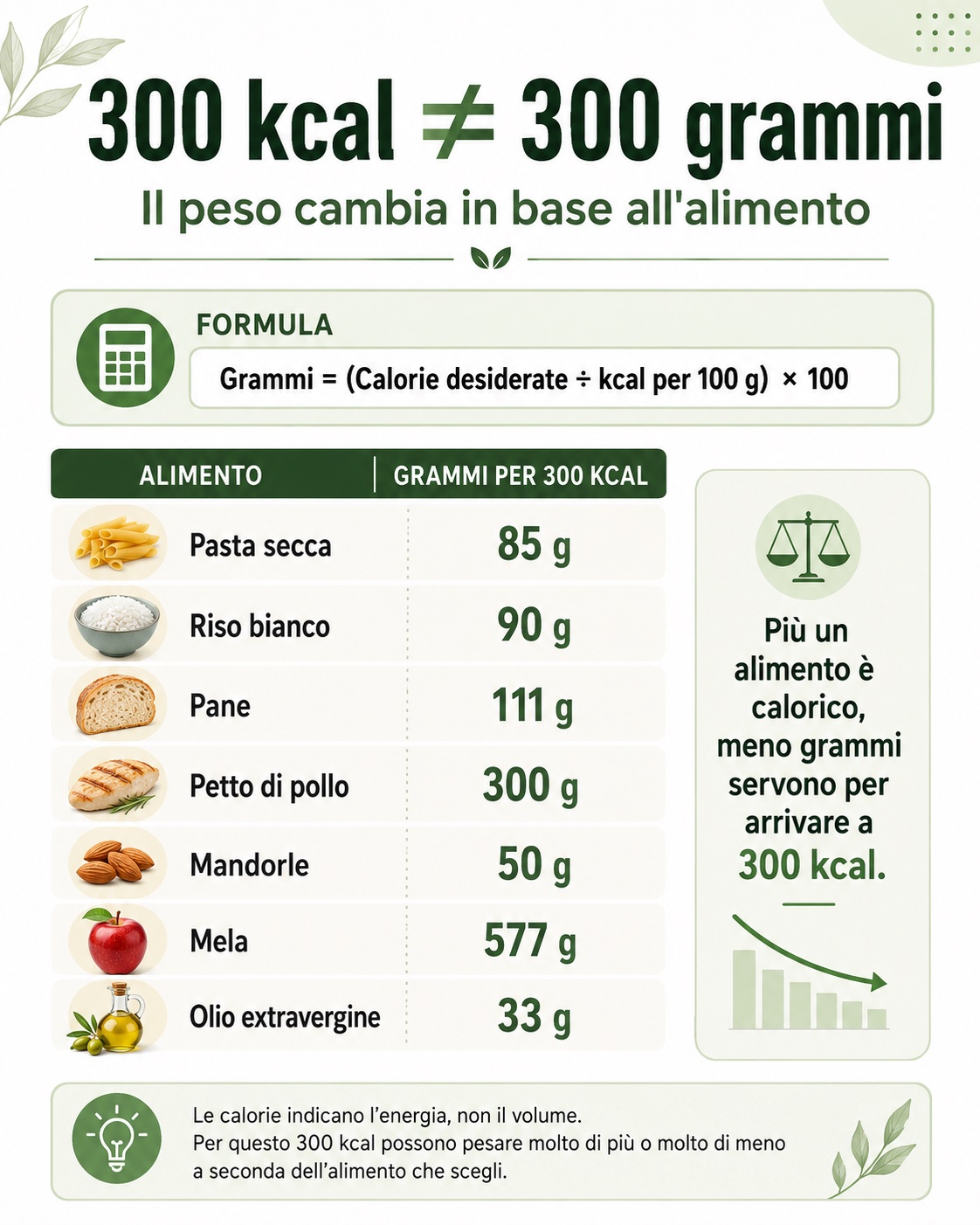Confronto di quanti grammi corrispondono a 300 kcal per diversi alimenti