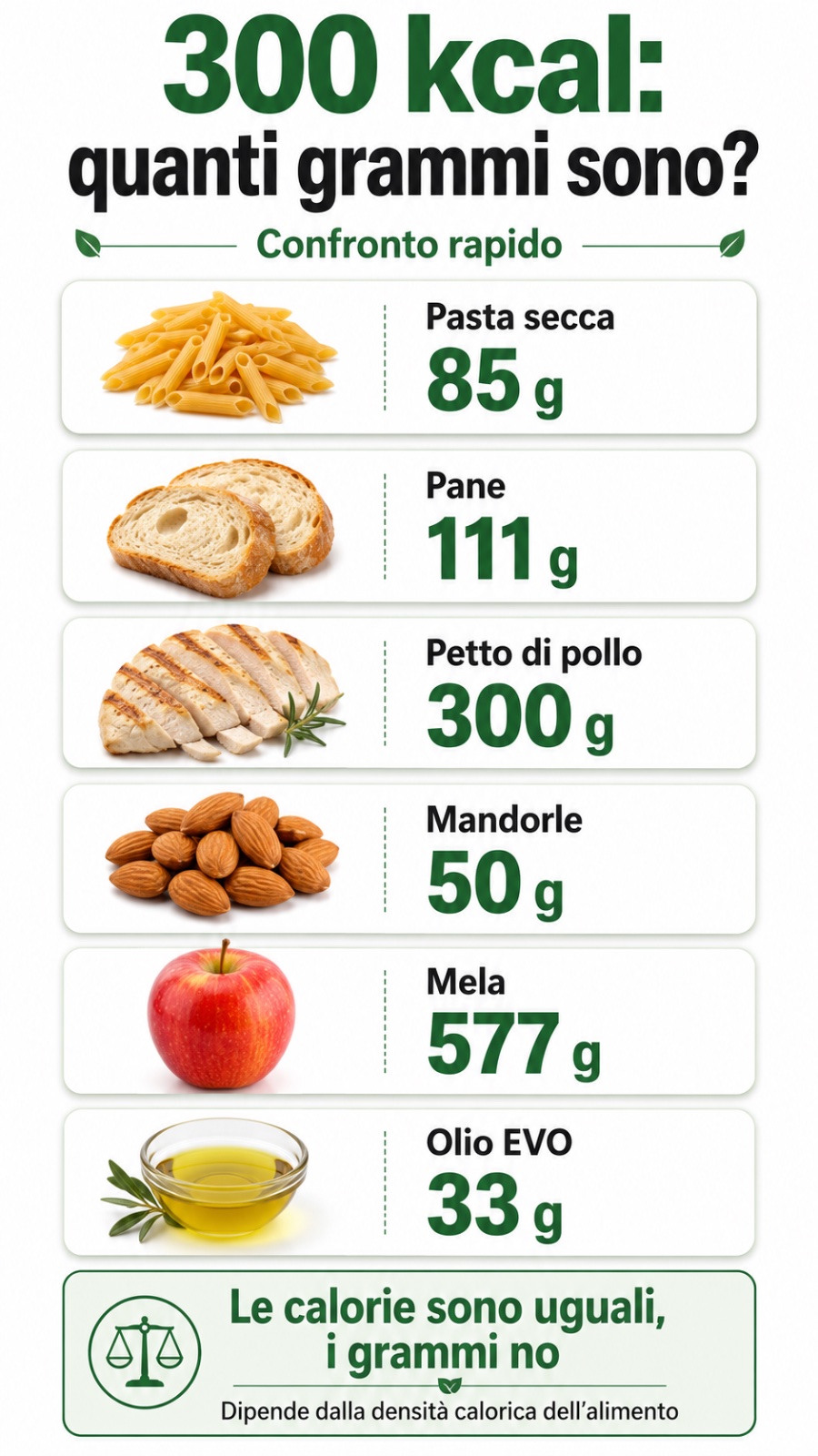 300 kcal non equivalgono a 300 grammi: il peso dipende dall'alimento