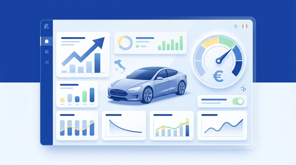 A sleek, futuristic dashboard interface showing a car's valuation analysis. Data points, charts, and a 3D model of a mod