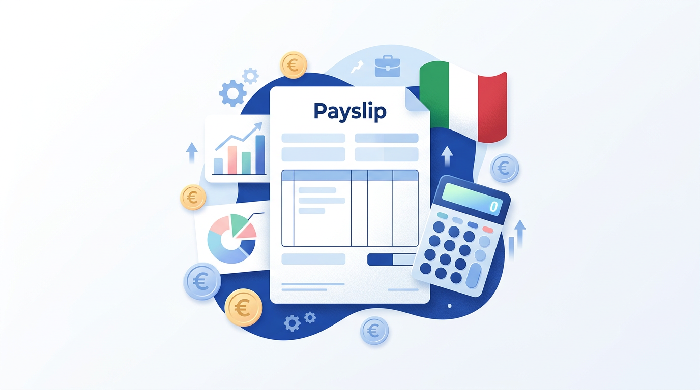 Infografica che illustra il calcolo stipendio netto 2026 da RAL (busta paga) con icone per tasse e detrazioni.