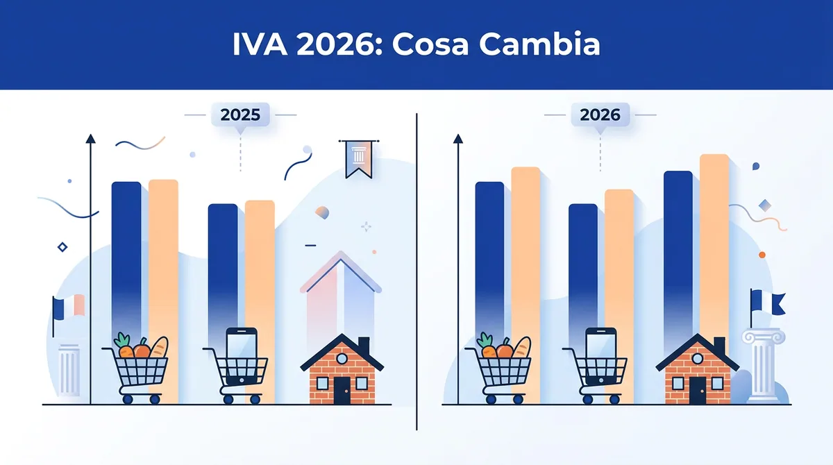 Un'infografica chiara e moderna che mostra un grafico a barre con le aliquote IVA 2025 e 2026 a confronto. Elementi graf
