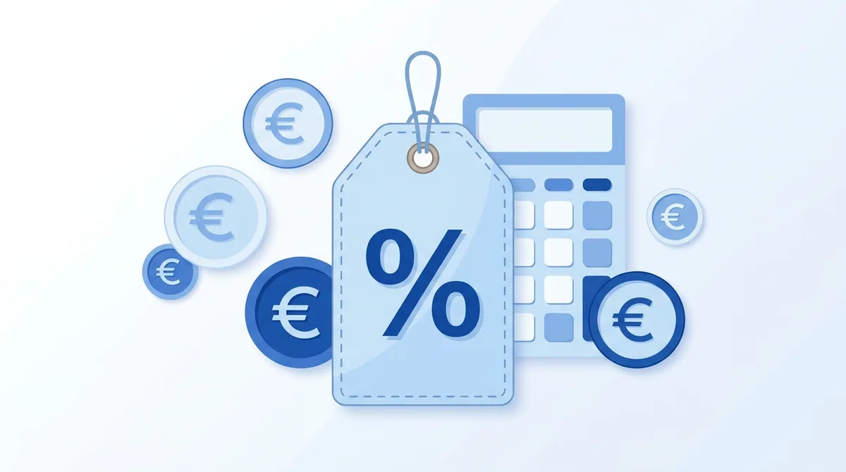 A modern, clean graphic for a blog article. A shopping tag with a large "%" symbol is central. In the background, there'