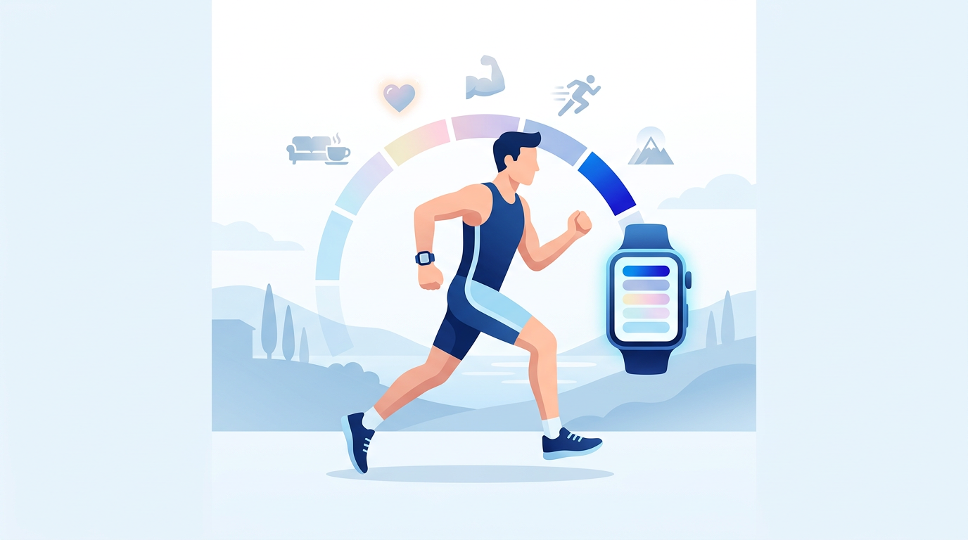 Uomo che corre monitorando le sue zone frequenza cardiaca con uno smartwatch, visualizzando i dati in tempo reale per un allenamento mirato al fitness e alla resistenza.