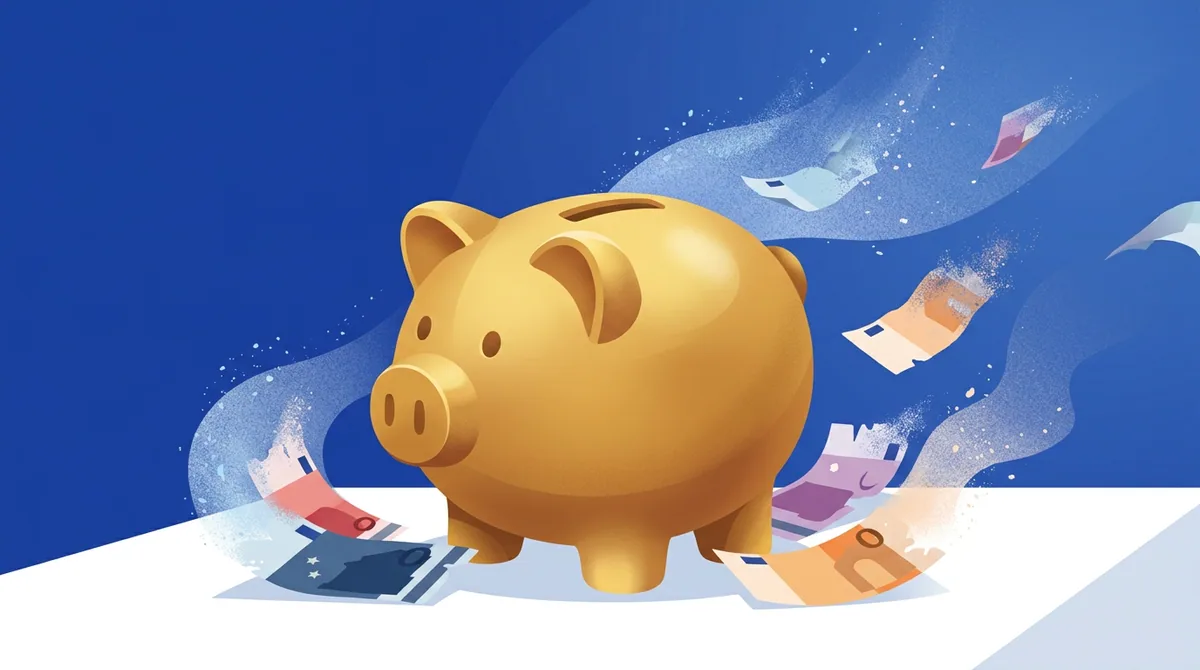 A solid gold piggy bank standing strong and shining while paper money around it withers and dissolves into dust, on a da