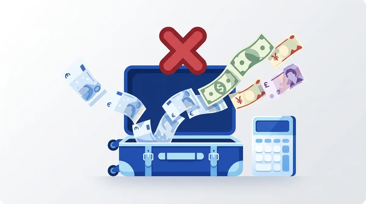 Una infografica stilizzata che mostra una valigia da viaggio da cui escono banconote di euro che si trasformano in dolla